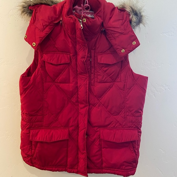 Lands End Goose Down Red Furry Hooded Vest, Large - Picture 1 of 6
